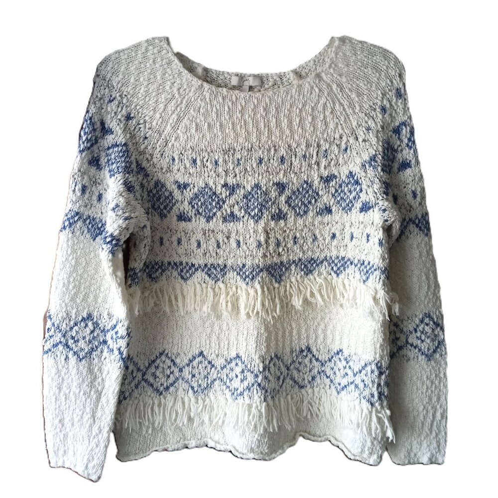 Joie Fringe Trim Boucle Crewneck Cotton Sweater sz S